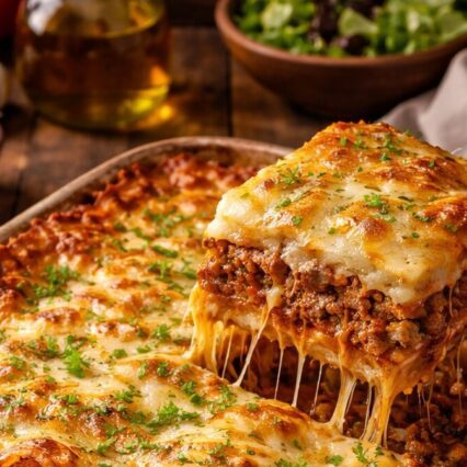 Slow cooked Beef Lasagna with Garlic Bread and Salad